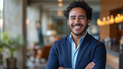 Fototapeta premium Elegant and confident young hispanic professional looking at camera standing in office with a smile on his face, proud leader, smart Latin businessman lawyer or company manager.