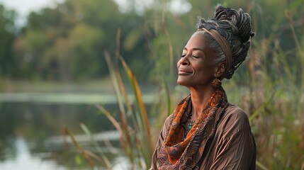 Black American woman in her 50s expressing happiness and a sense of being alive in a beautiful natural park near a lake, relaxed and confident with a smile on her face