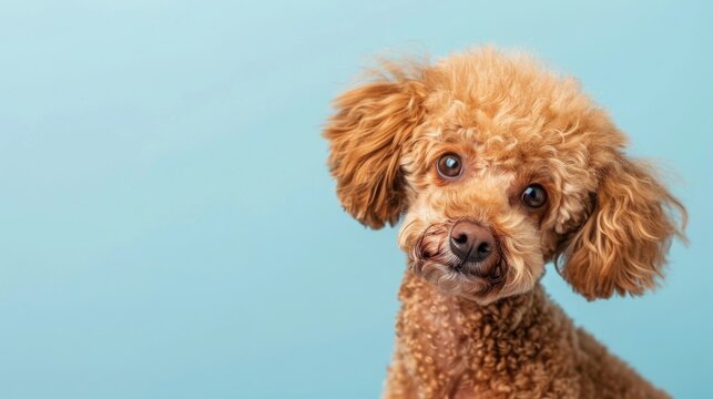 A brown poodle with curly hair looks at the camera with a curious expression. The dog is positioned against a blue background.