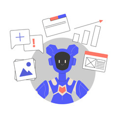 Cute female robot mascot symbolizing artificial intelligence. Machine learning, the use of modern technologies in education, web development and business. Vector flat illustration with character.