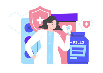 A cute female doctor holds a test tube against the background of jars of medicine. Pharmacology, drug testing, science in medicine. Vector flat illustration with character.