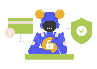 Secure payment online. The robot processes payment by bank card. Cyber ​​security for online purchases and banking. Vector flat illustration with mascot.