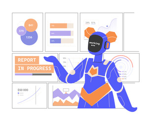 A cute female robot stands next to a dashboard with data. Preparation of financial reports, budgets, economic analysis. Using modern technologies and artificial intelligence in business. Vector flat.