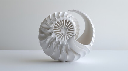 A finely crafted white nautilus shell sculpture with detailed spirals, displayed on a minimalist background.