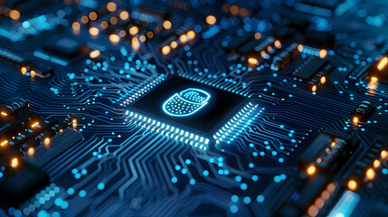 Obraz premium blue circuit board background with biometric scan icon in the center.