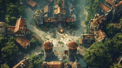 The top-down battle map for a fantasy RPG series, illustration for a village themed video game, roleplaying fantasy tabletop game