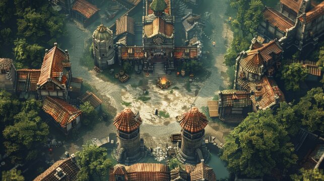 The top-down battle map for a fantasy RPG series, illustration for a village themed video game, roleplaying fantasy tabletop game