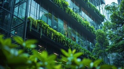 An image of a modern glass building surrounded by green plants, trees and bushes for an ecological and environmentally friendly architecture
