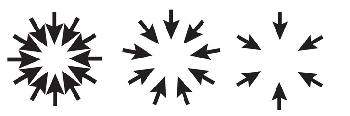 black arrows pointing to the center. Epicenter icons set. Inward arrows collection.