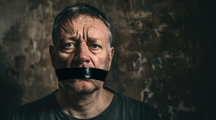 Obraz premium Man with his mouth sealed with adhesive tape, censorship concept