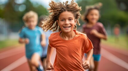 The image shows a joyful child running on track outside on a beautiful day and other athletes running in the background.