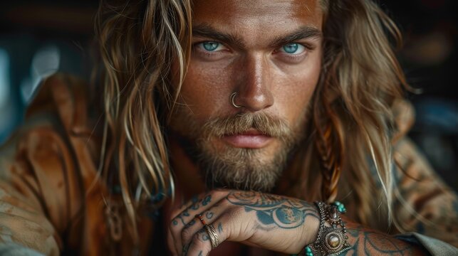 Young tattooed Caucasian man with long hair. He wears jewelry and has a long beard