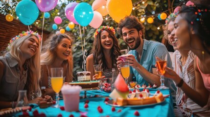 group of friends celebrating a birthday in their garden with balloons and cake with candles and food for the day in high resolution and high quality