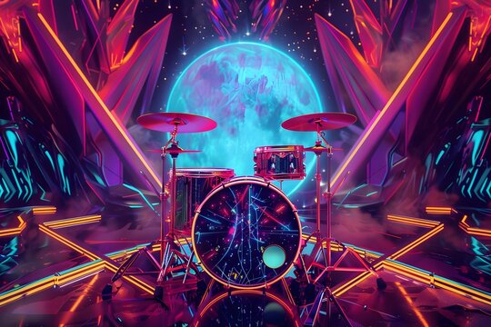 A digital illustration of a drum set situated in a futuristic landscape, illuminated by a large, vibrantly colored moon.