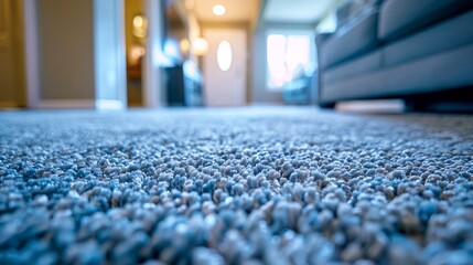Fototapeta premium Close-up of a soft, textured carpet in a cozy, modern living room, with sunlight gently illuminating the space.