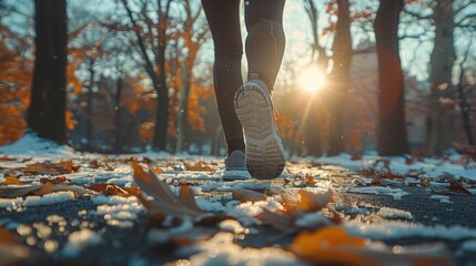 A female runner runs in a park jogging in the winter