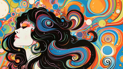 Vibrant AI generated artwork featuring a stylized woman with flowing black hair against a colorful
