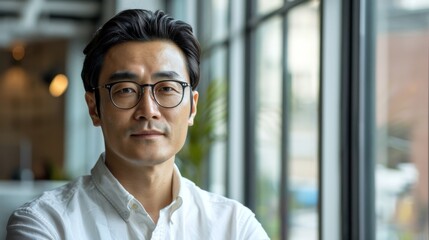 Fototapeta premium The 43-year-old Korean man in white shirt, eyeglasses, formal slick hairstyle and smooth beardless face is in a modern office building next to a huge window wearing white specs.