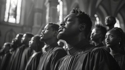 Obraz premium Inside a church, gospel choir group wears typical tunics