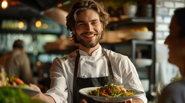 A smiling chef serves dishes to restaurant customers and chats with them