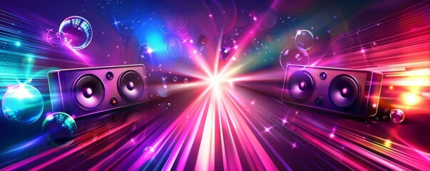 Obraz premium A background of disco music with sound waves and speakers