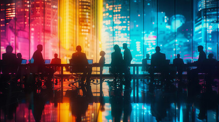 business meeting room close up, focus on, copy space vibrant colors, Double exposure silhouette with technology interface