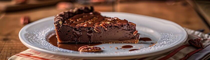 A delectable slice of chocolate pecan pie served on a white plate with elegant design, perfect for dessert lovers and showcasing autumn treats.