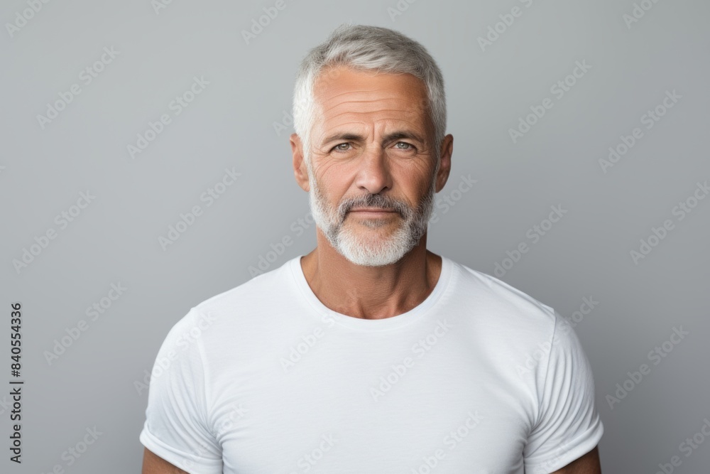 Wall mural Portrait of a tender man in his 50s sporting a breathable mesh jersey while standing against pastel gray background