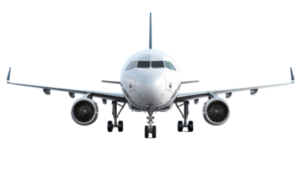 Front view of a commercial airplane with a white exterior isolated on a transparent background, ideal for travel and aviation themes.