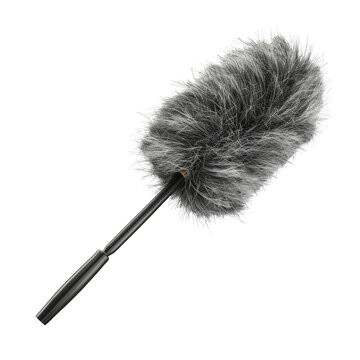 A close-up image of a gray feather duster with a black handle, ideal for household cleaning and dusting surfaces efficiently.