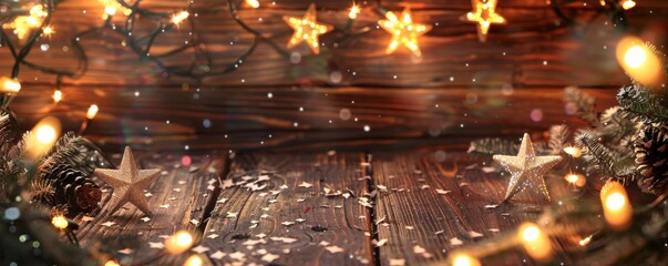 Obraz premium The vintage card shows a dark table decorated with lights and decorations for Christmas