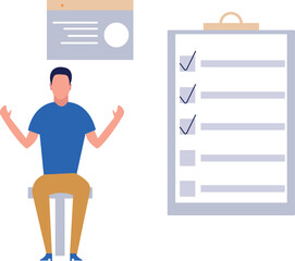 A boy is sitting next to a clipboard.