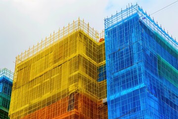 Fototapeta premium Construction site. Construction, renovation of high-rise residential building, office. Colorful hoarding on construction site, with building outline emerging behind it. Safety net covering building
