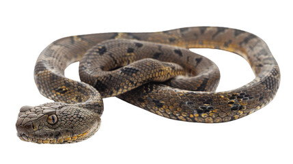 Obraz premium Close-up image of a coiled snake on a white background, showing intricate scale details and natural markings.