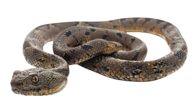 Close-up image of a coiled snake on a white background, showing intricate scale details and natural markings.