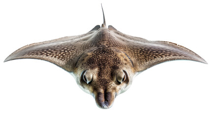 Close-up of a brown spotted eagle ray swimming through clear waters, displaying its unique pattern and graceful movement.