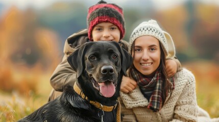 During autumn, a young family with two small children and a dog can be seen on a meadow.