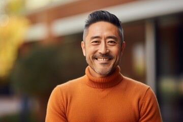 Obraz premium Portrait of a glad asian man in his 40s wearing a classic turtleneck sweater while standing against pastel brown background