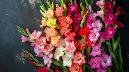 bouquet arranged of gladiolus flowers, vibrant color for text and greeting card background