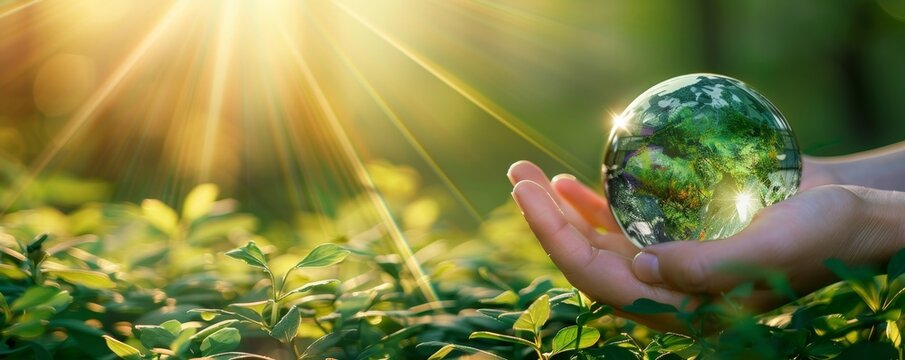 Globe Glass Held In Green Forest - Environment Concept