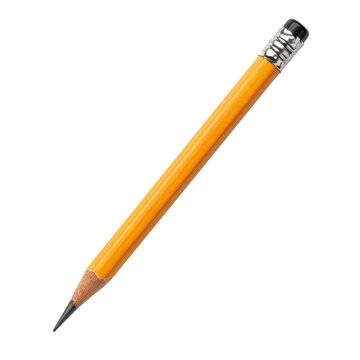 Close-up of a sharpened yellow pencil with an eraser on a white background, perfect for school, office, and art-related designs.