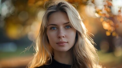 Obraz premium portrait of a beautiful blonde woman in a daytime park with blurred background in high resolution and high quality. portrait concept