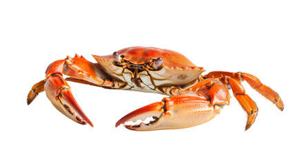 Close-up of a vibrant red-orange crab with detailed claws and legs on a white background. Perfect for marine life and seafood-related themes.