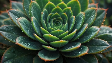 A close-up of a vibrant succulent plant, succulent leaves glistening with morning dew, rich green and red colors