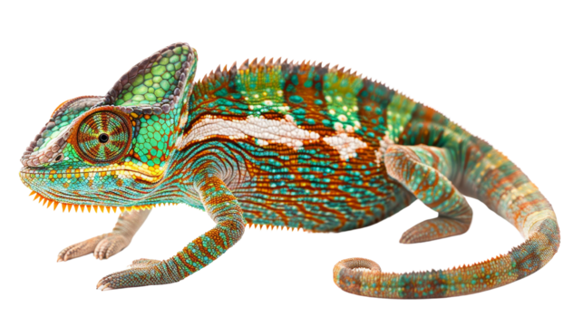 Colorful chameleon on a plain background showcasing its vibrant, intricate scale patterns and natural camouflage abilities.