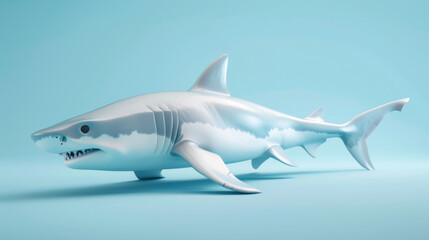 A realistic model of a shark is displayed against a blue background, highlighting marine life and...