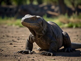 Fototapeta premium Coveted by exotic animal collectors, the majestic Komodo dragon, a rare and endangered species, poses in its natural habitat.