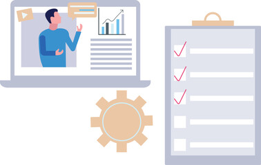 A man is explaining online on a laptop.