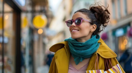 Fototapeta premium beautiful woman shopping with a smile on the street in day