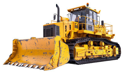 High-resolution image of a yellow bulldozer standing isolated on white background showcasing its powerful build and industrial strength. - obrazy, fototapety, plakaty